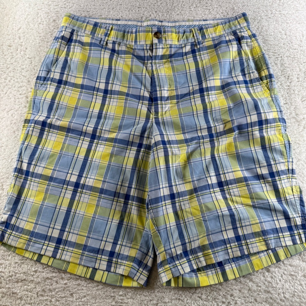 Foot Joy Men Golf Plaid Geometric Lightweight Blue Yellow Shorts Size 36x10"